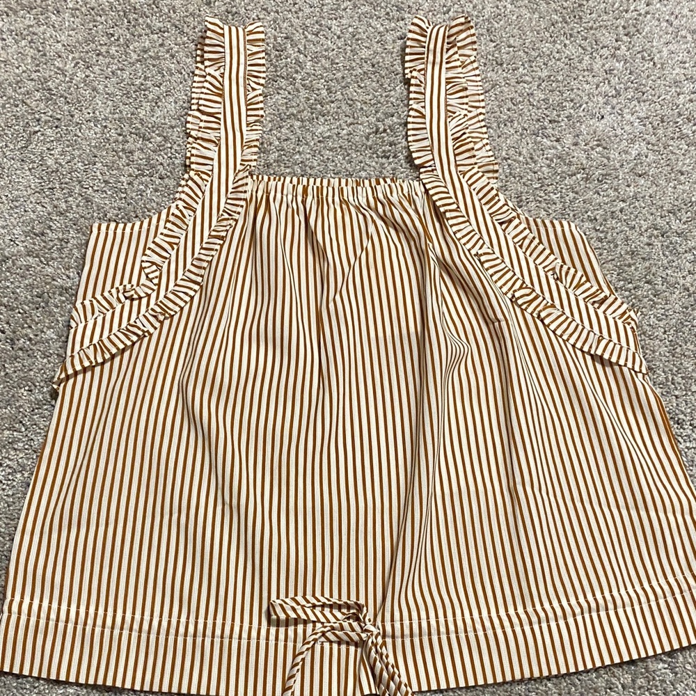 Brown Striped Ruffle Strap Top